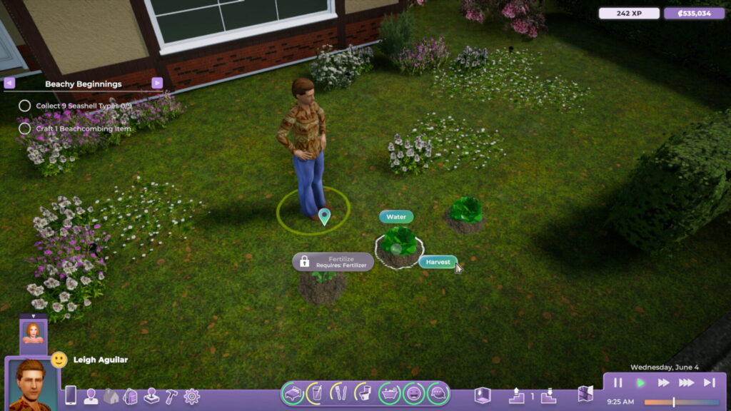 A screenshot from Life By You showing a human character and plant, in the yard of a house made.